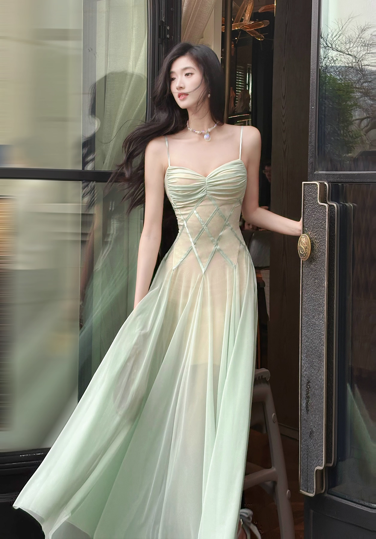 Vintage Sage Green Chiffon Prom Dress A-Line Spaghetti Strap Evening Dress Long Formal Dress TP4731