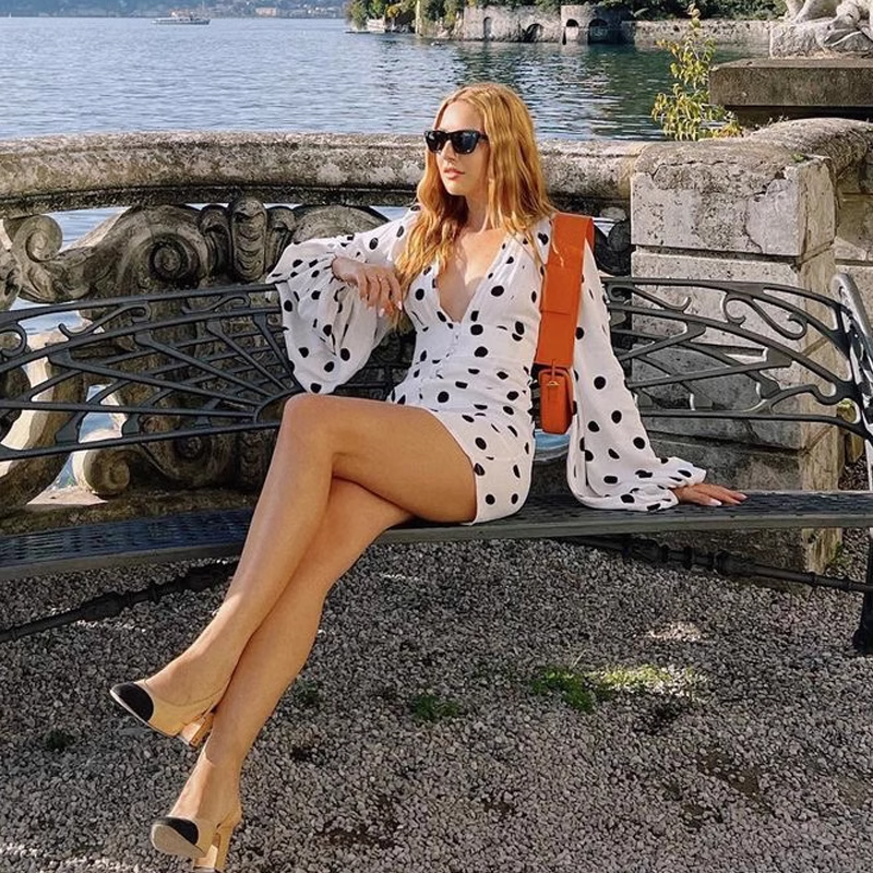 New Fashion V-neck Spot Design A-line Long-sleeved Women Party Dress TP3896
