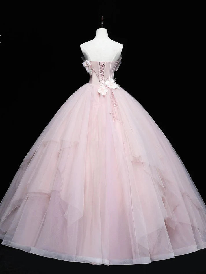 Simple Pink Applique Strapless Sweet 16 Quinceanera A-Line Tulle Floor-length Prom Dress Birthday Dress Evening Dress Ball Gown TP4405