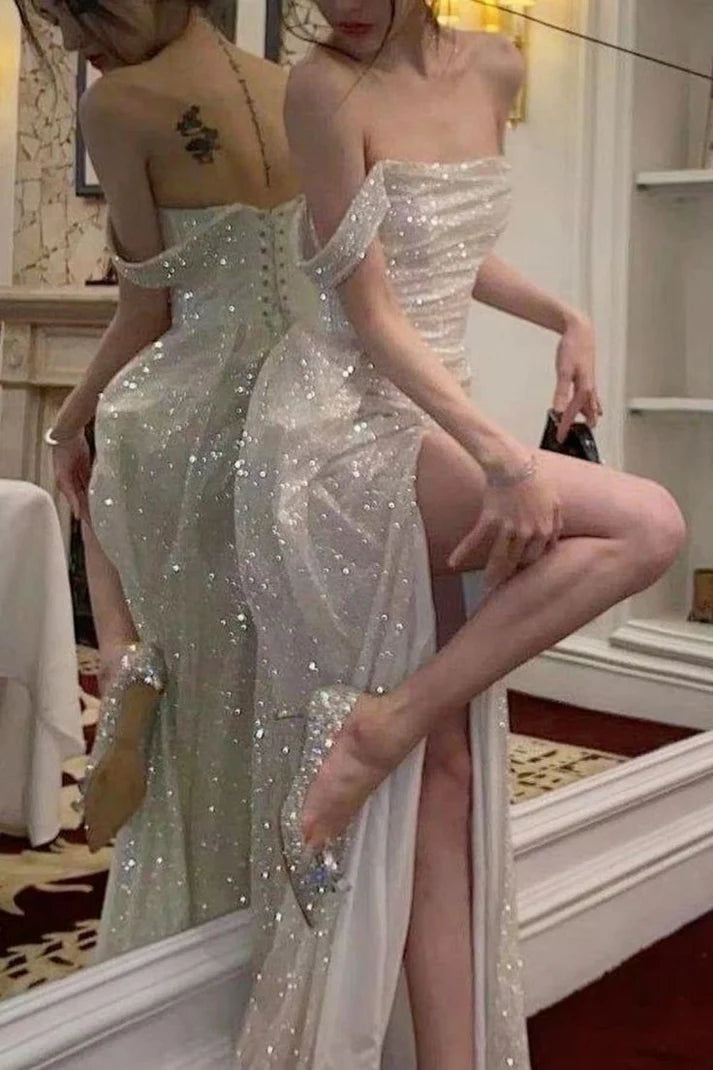 Vintage Shiny Off-the-shoulder Long Prom Dress Sheath High Slit Formal Dress TP4600