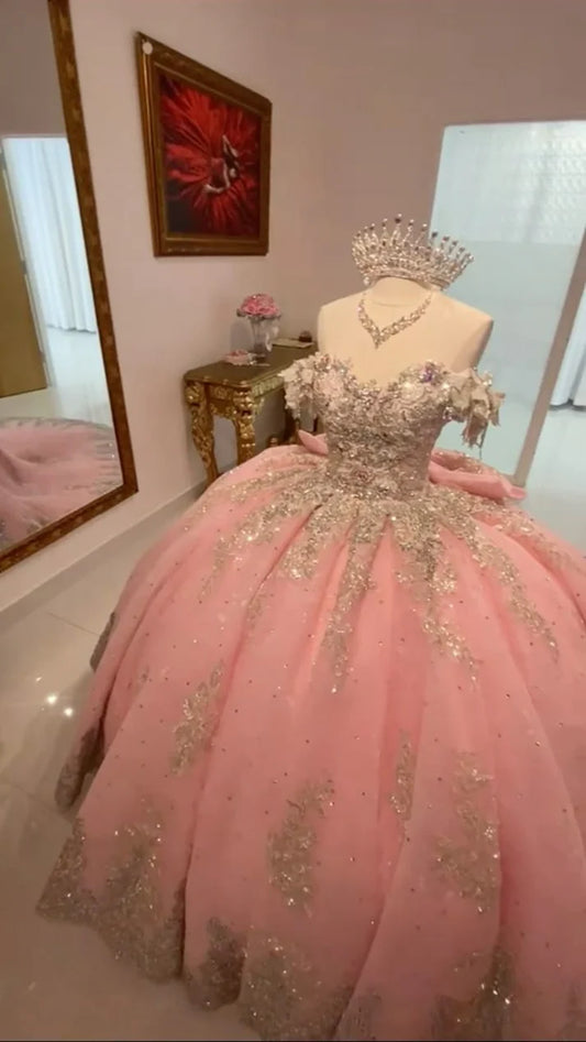 Elegant Sweetheart Pink Beaded Applique Sweet 16 Quinceanera A-Line Floor-length Prom Dress Birthday Dress Evening Dress Ball Gown TP4417