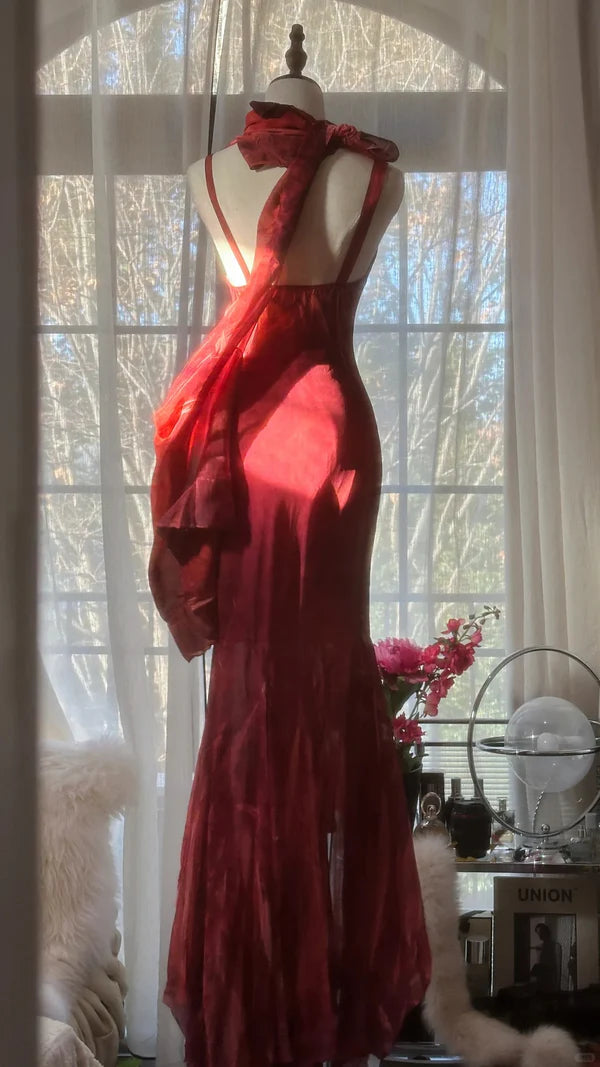 Vintage Red Embroidery Prom Dress Beaded Mermaid Evening Dress Long Formal Dress TP4653