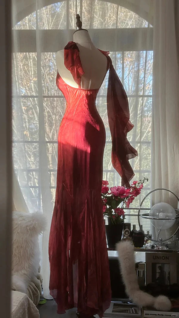 Vintage Red Embroidery Prom Dress Beaded Mermaid Evening Dress Long Formal Dress TP4653
