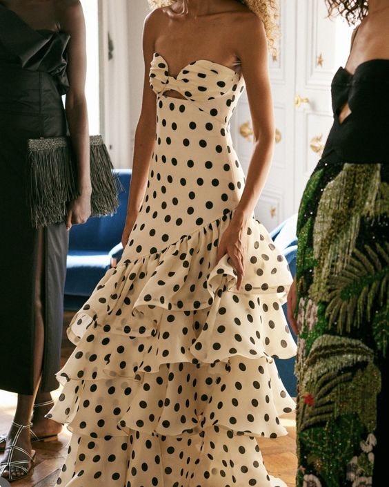 Vintage Polka Dot Strapless Long Prom Dress Sweetheart Ruffle Tiered Formal Dress TP4602