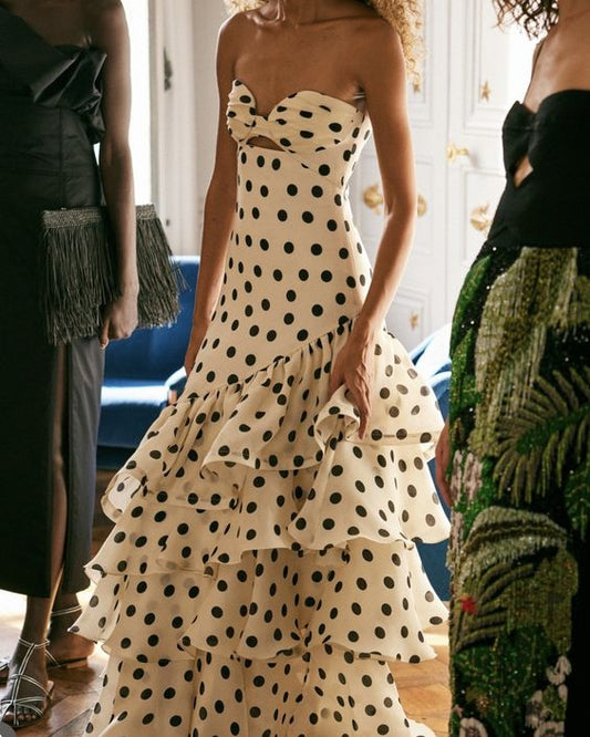 Vintage Polka Dot Strapless Long Prom Dress Sweetheart Ruffle Tiered Formal Dress TP4602