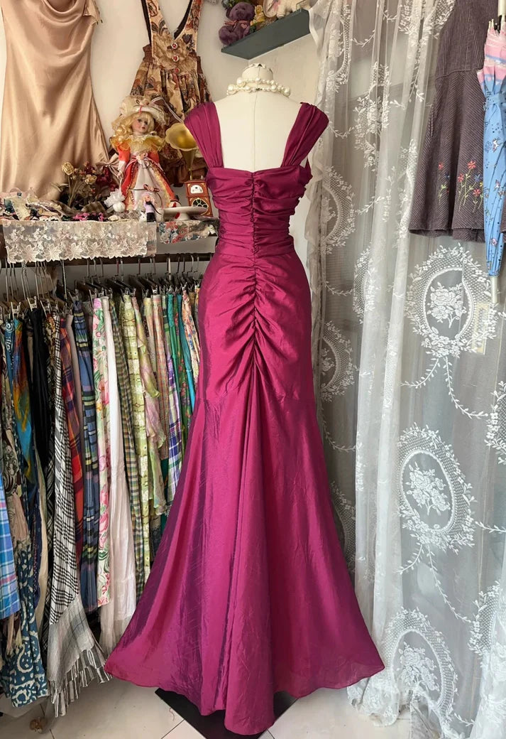Vintage Fuchsia Mermaid Evening Gown Satin Pleated Party Dress Long Formal Dress TP4933