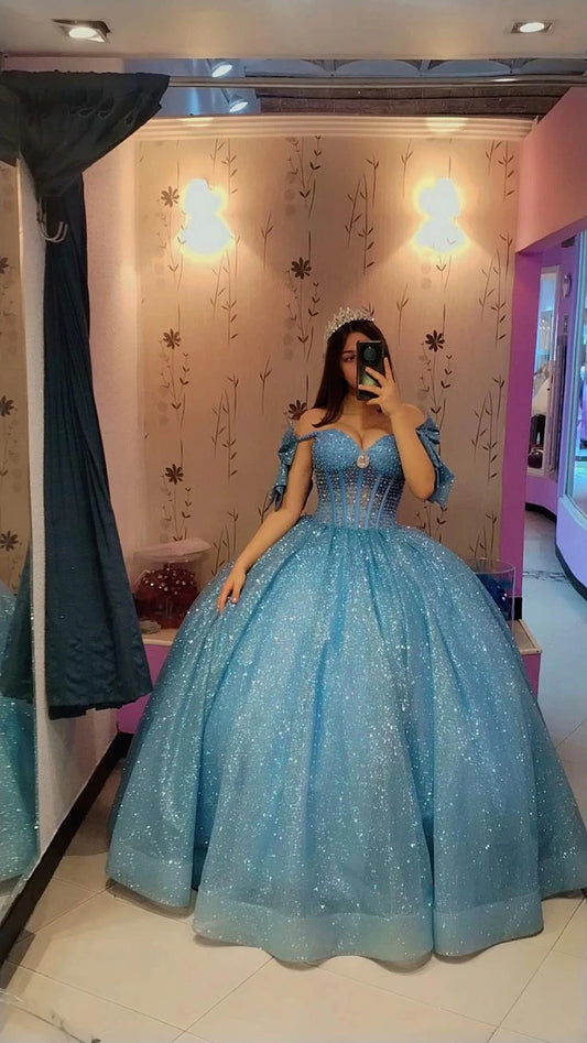 Elegant Blue Sweetheart Off-the-shoulder Sweet 16 Quinceanera A-Line Floor-length Prom Dress Birthday Dress Evening Dress Ball Gown TP4532