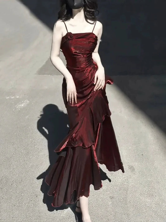 Vintage Burgundy Spaghetti Strap Ruffle Design Elegant A-line Evening Dress Prom Dress TP4112