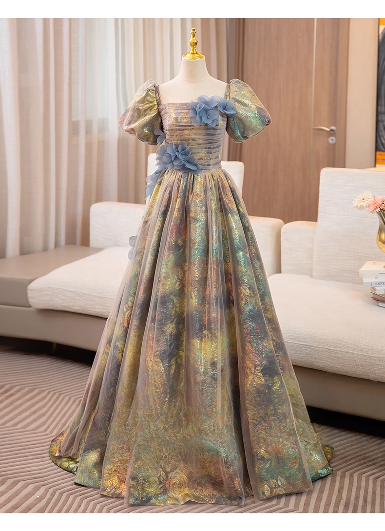 Vintage Court Retro Style Sweet 16 Quinceanera 3D Flowers Short-sleeved Evening Dress Long Ball Gown TP4945