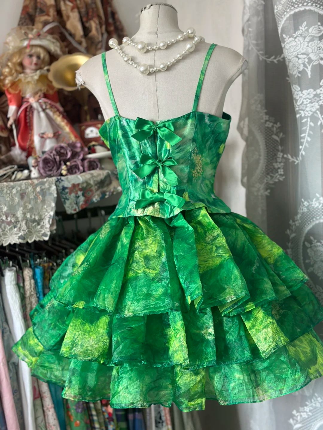 Vintage Green Exquisite Tie-dye Design A-Line Short Tiered Homecoming Dress Party Dress TP4200