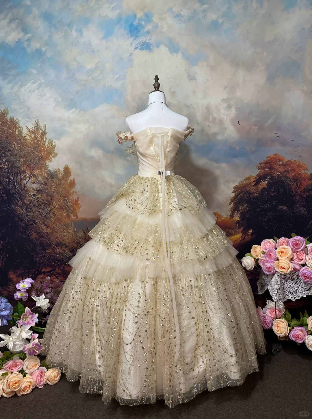 Glamorous Champagne Gold Sequin Off-Shoulder Beaded Tiered Tulle Sweet 15 Quinceanera Ball Gown TP5459