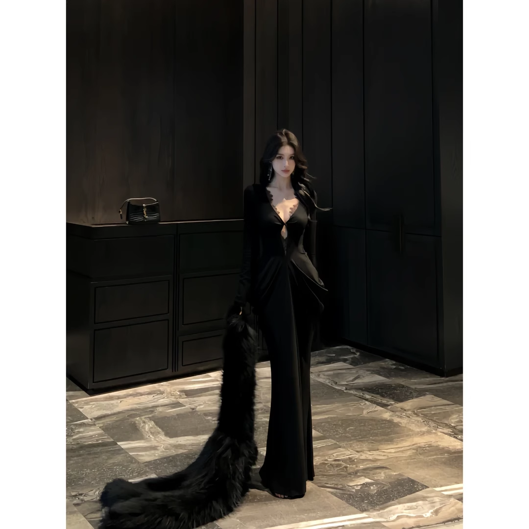 New Sexy V-neck Black Mermaid Long-sleeved Dress TP2898