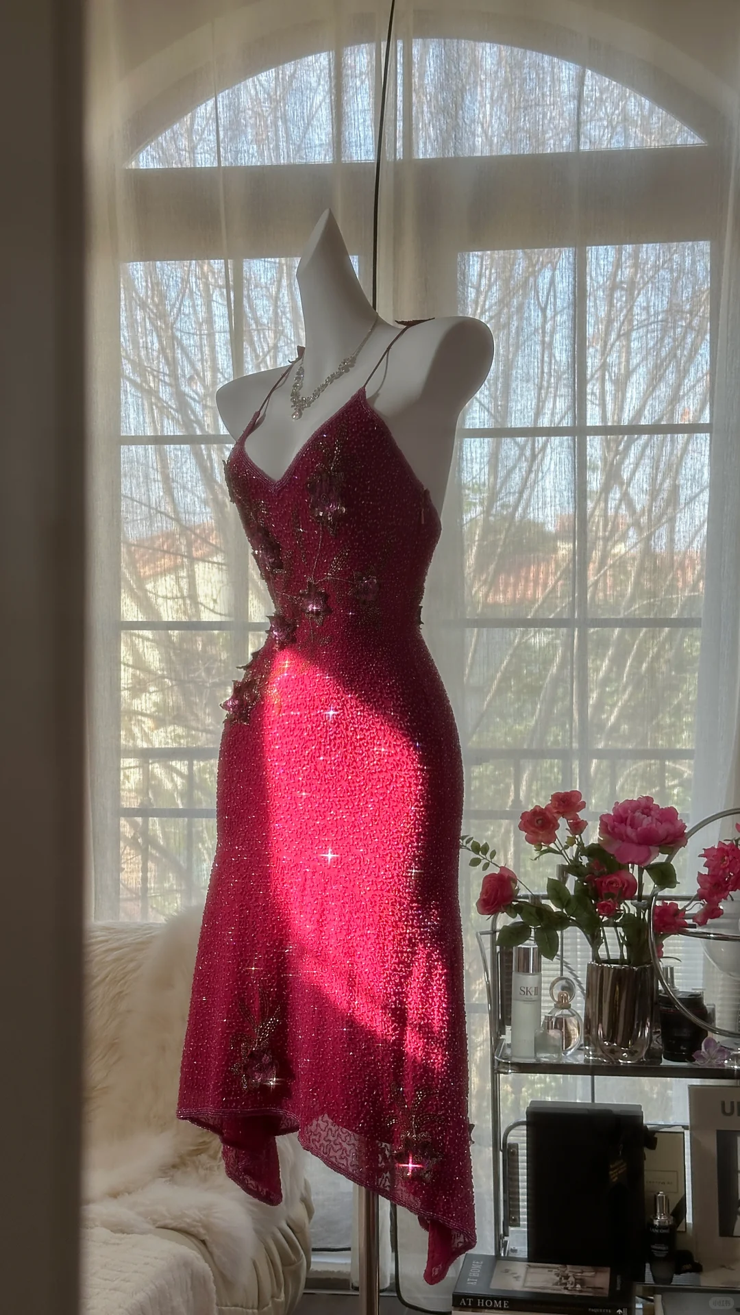 Vintage Shiny Sequin Rose Red Backless Design A-line Romantic Chiffon Evening Dress Prom Dress TP4008