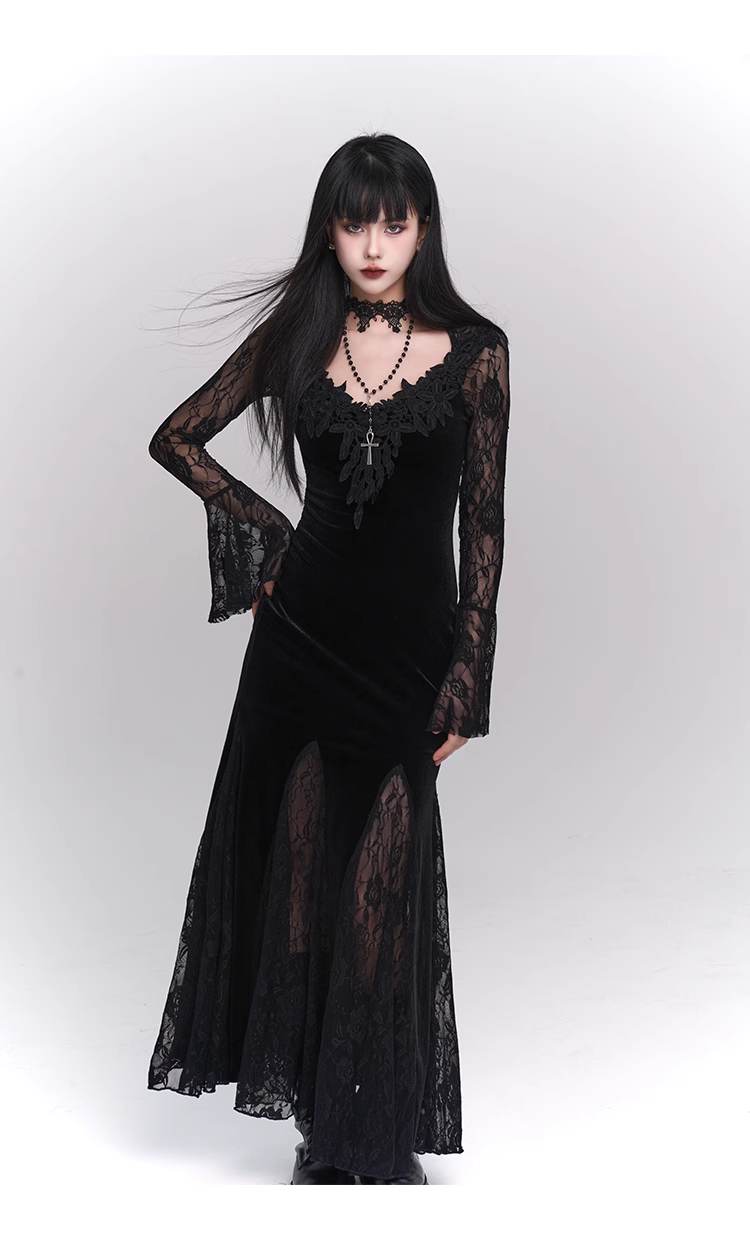 New Ladies Fashion Red Black Gothic Long-sleeved Dress TP2906