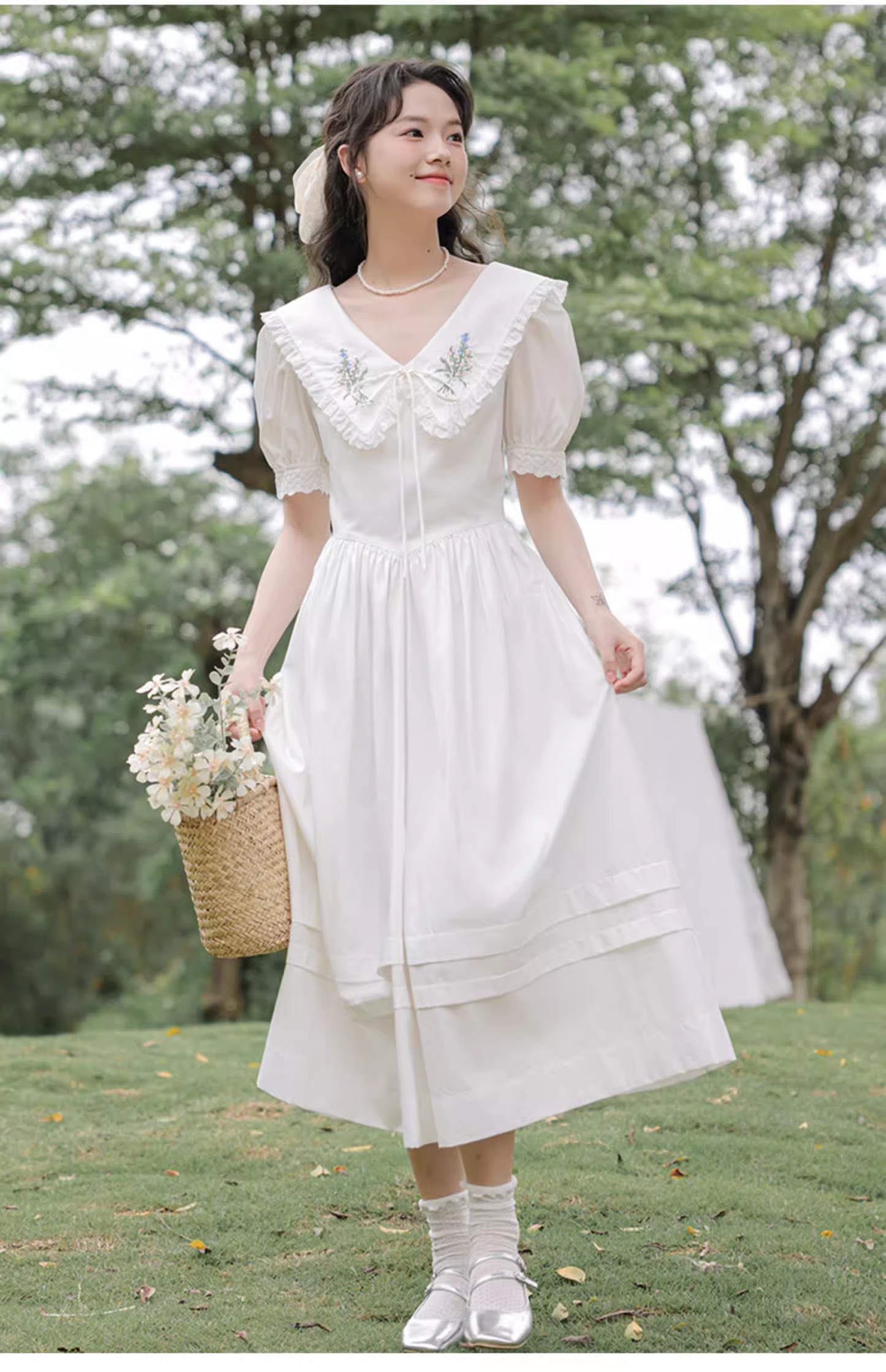 Simple Elegant Floral Design Short Sleeves Women Long Dress TP3064