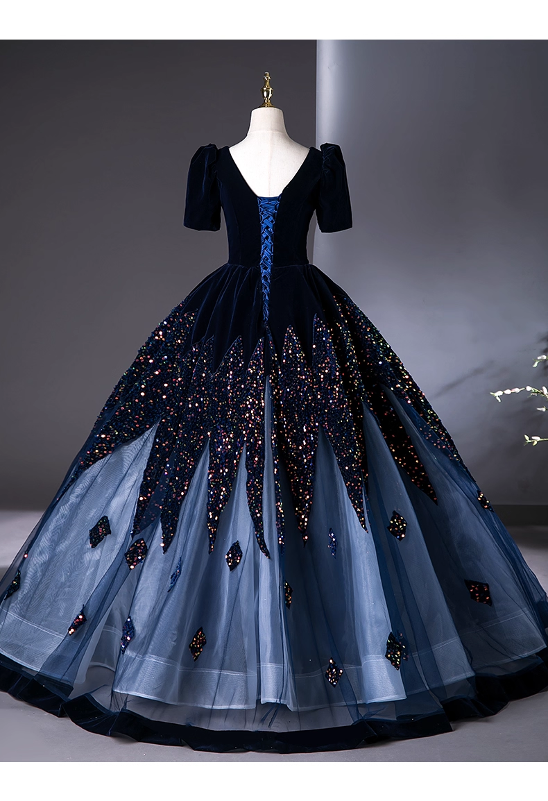 Vintage Navy Blue Velvet Beaded Sweet 16 Quinceanera A-Line V-neck Short-sleeved Evening Dress Long Ball Gown TP4947
