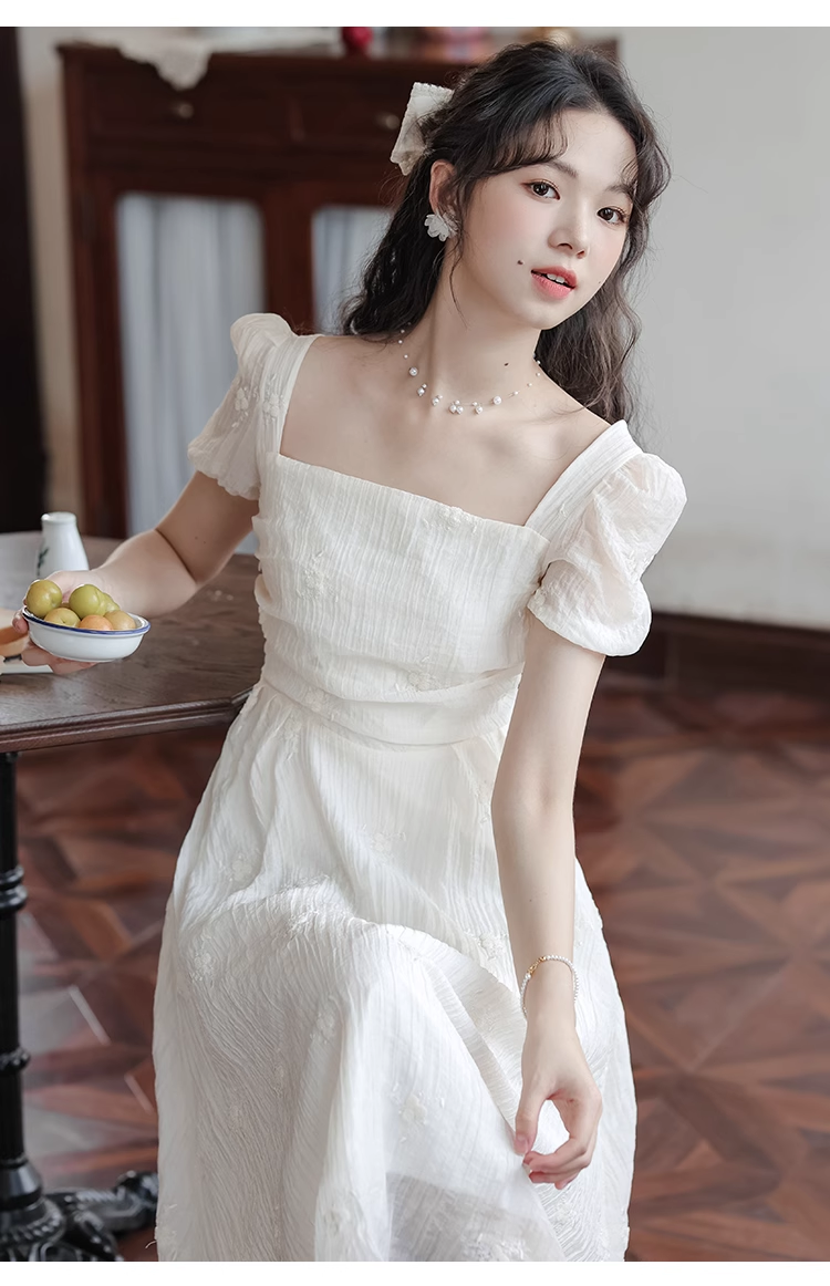 New Fashion Simple Creamy White Short Sleeves Design Women Long Dress TP3050