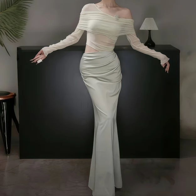 New Fashion Light Green Irregular One-shoulder Style Mesh Long-sleeved Dress TP2901