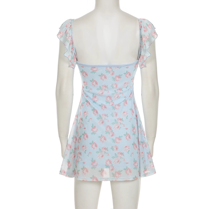 Cute Light Blue Floral Square-neck A-Line Short Summer Dresses Party Dress Homecoming Dress TP4341