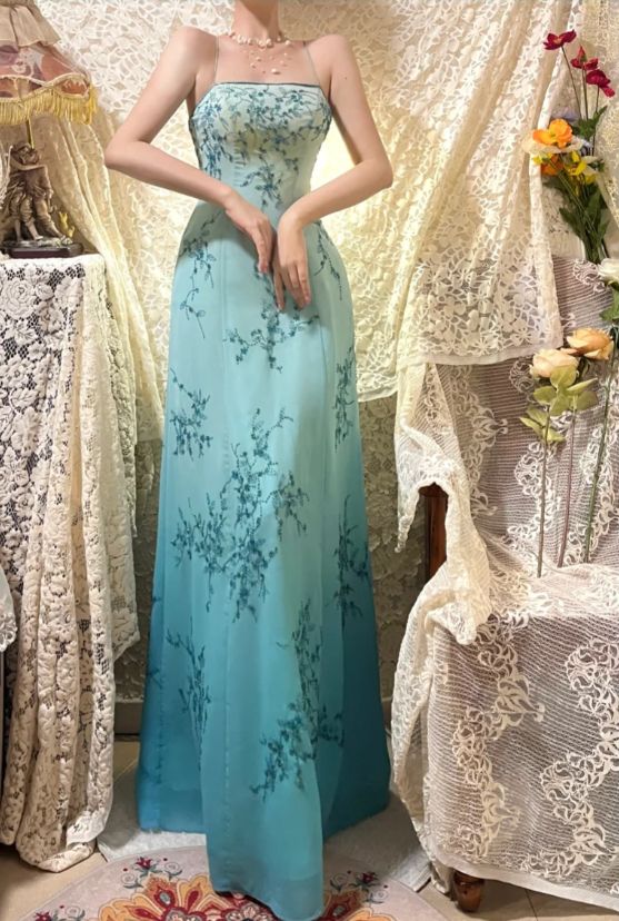 Vintage Gradient Blue Beaded Evening Gown Sheath Spaghetti Strap Party Dress Long Formal Dress TP4979