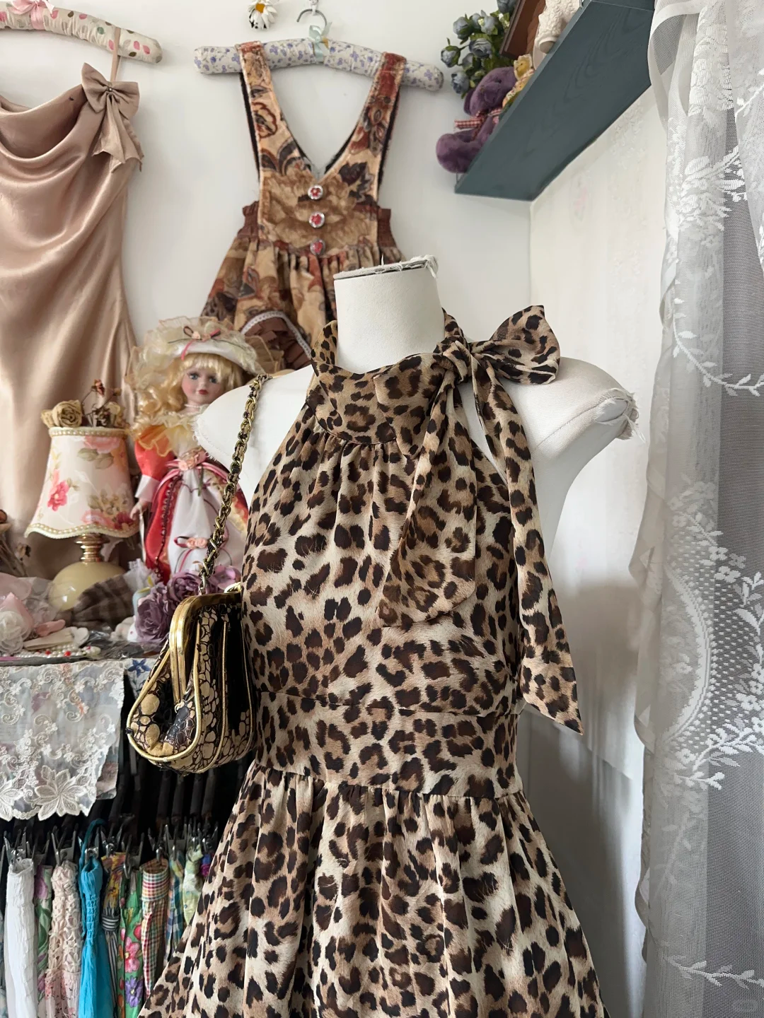 Vintage Leopard Print Halter Dress Design A-Line Homecoming Dress Party Dress TP4202