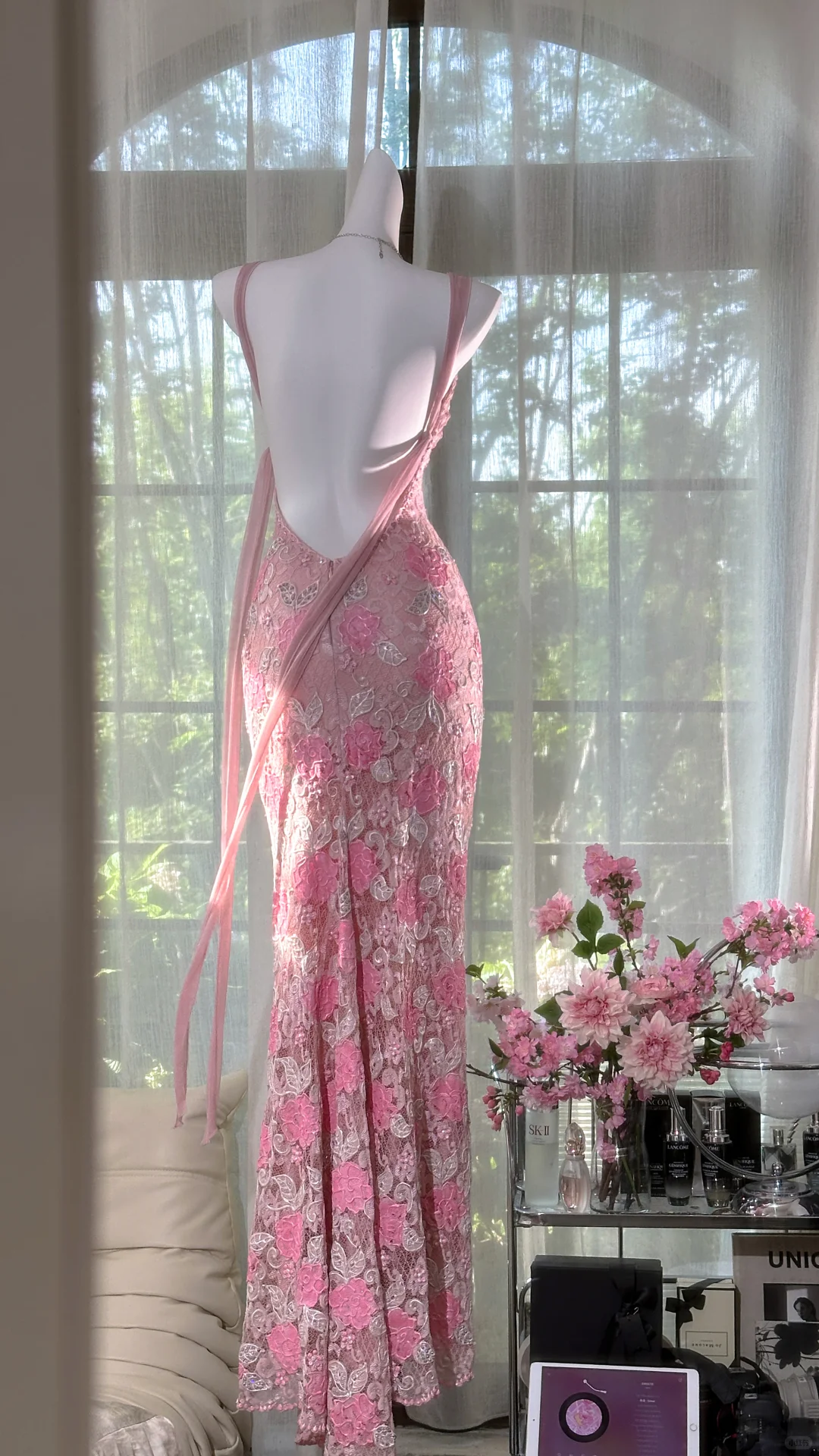 Vintage Gorgeous Pink Floral V-neck Applique Elegant Chiffon Long Evening Dress Prom Dresses TP4150