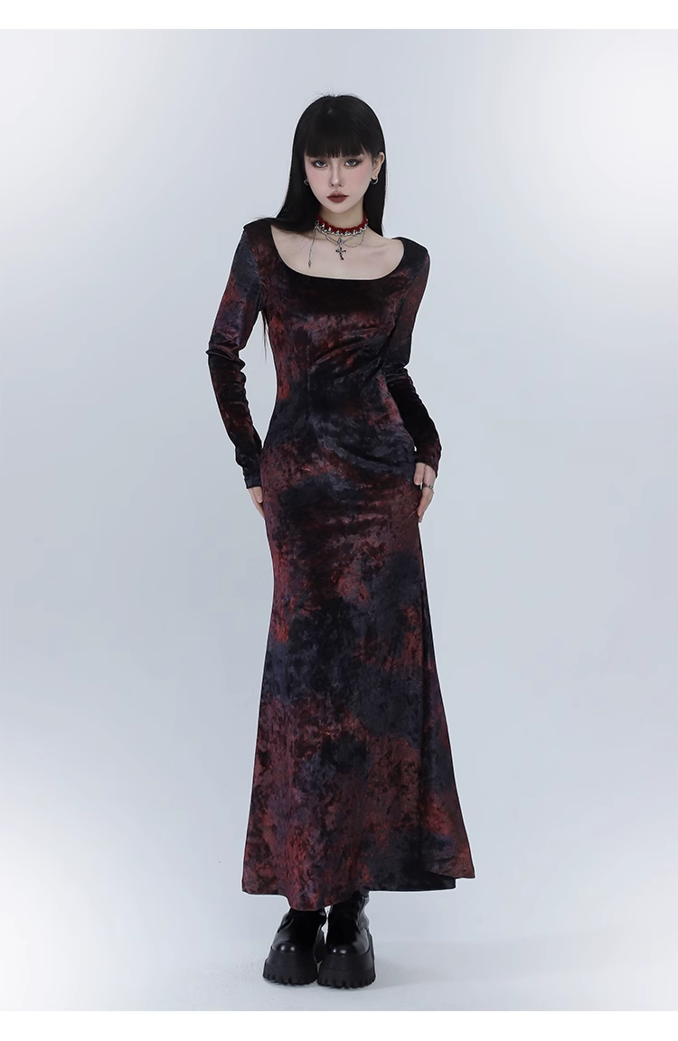 Elegant Design Sense Wine Red Velet Long-sleeved Dress TP2923