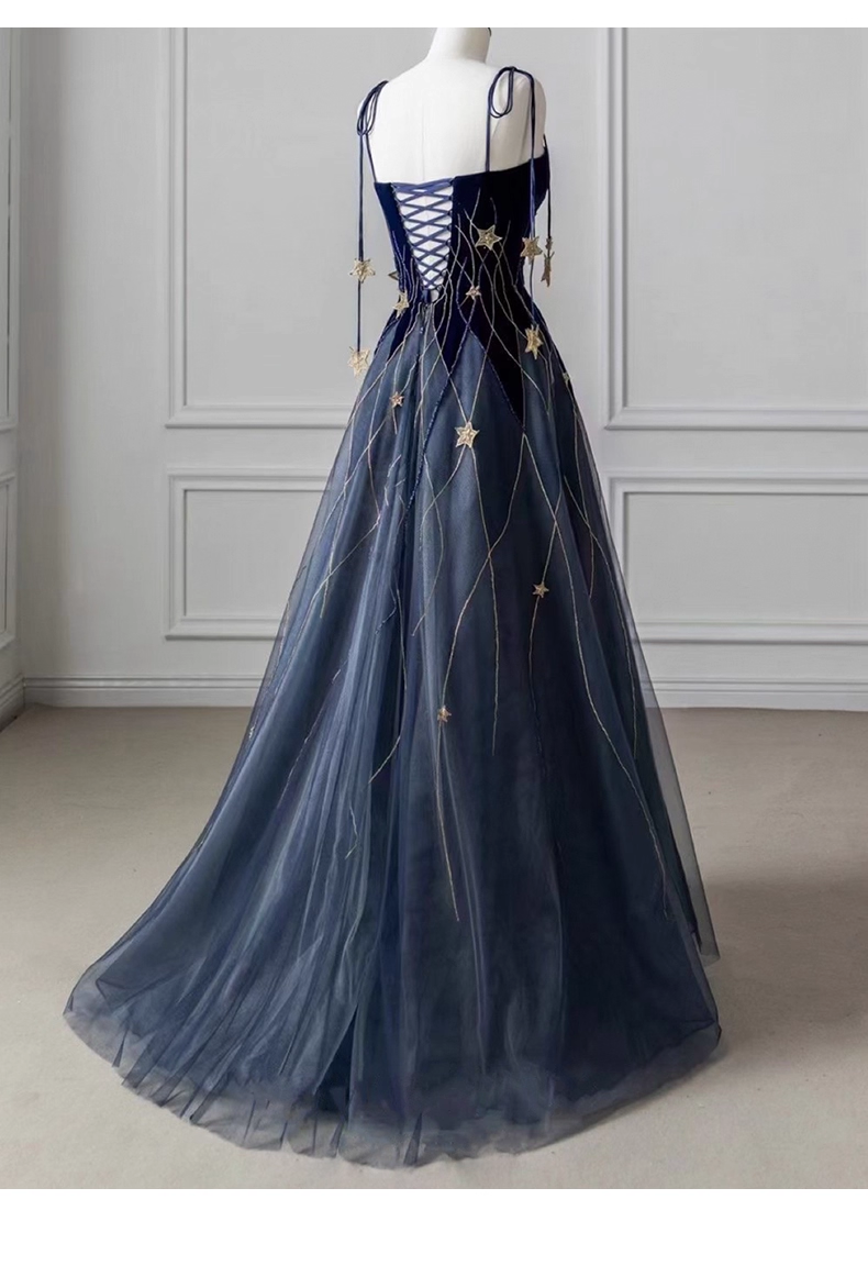 Vintage Navy Blue A-Line Evening Gown Star-studded Spaghetti Strap Party Dress Long Formal Dress TP4939