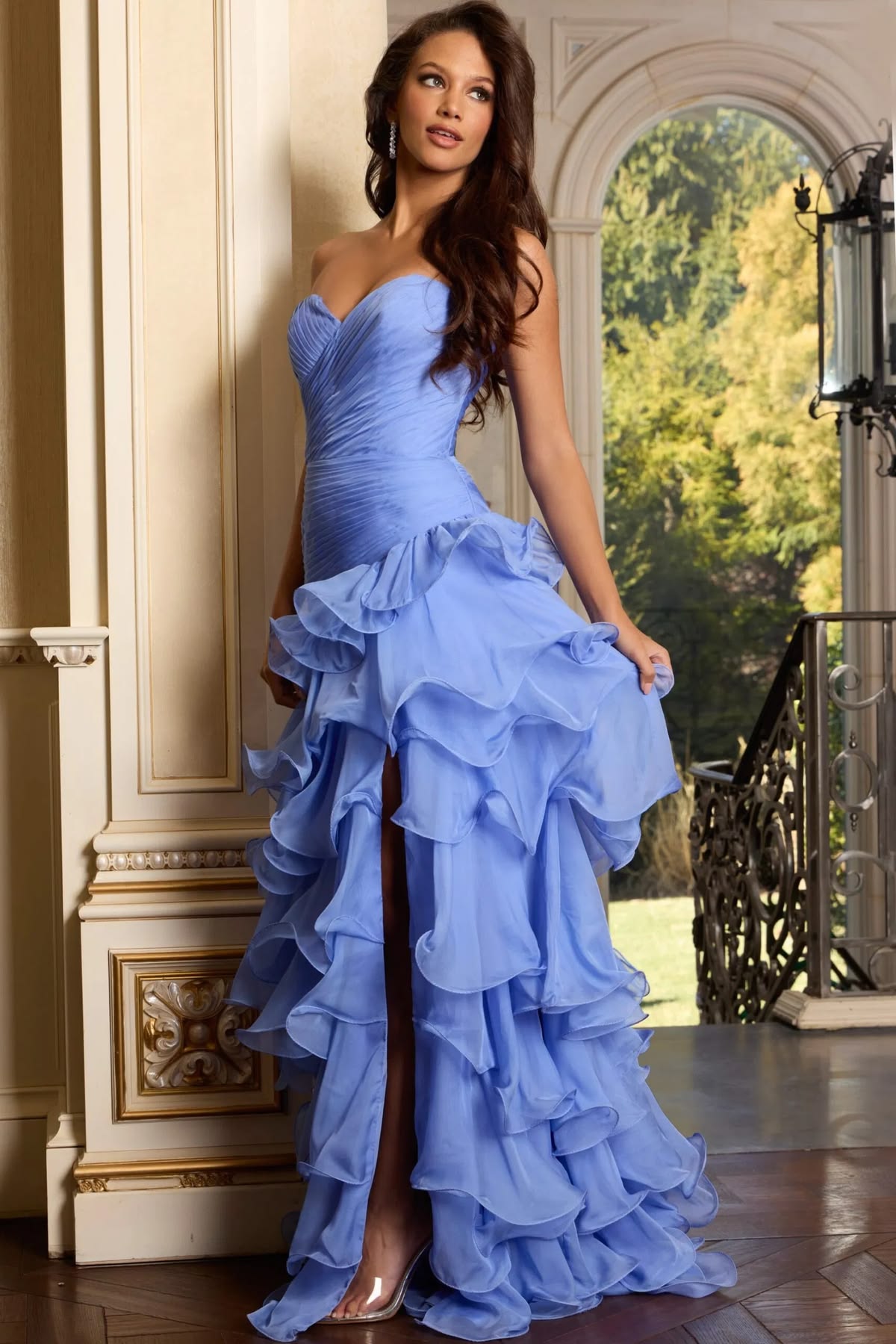 Glamorous Strapless Sweetheart Periwinkle Ruffled Chiffon Prom Dress with High Slit TP5758