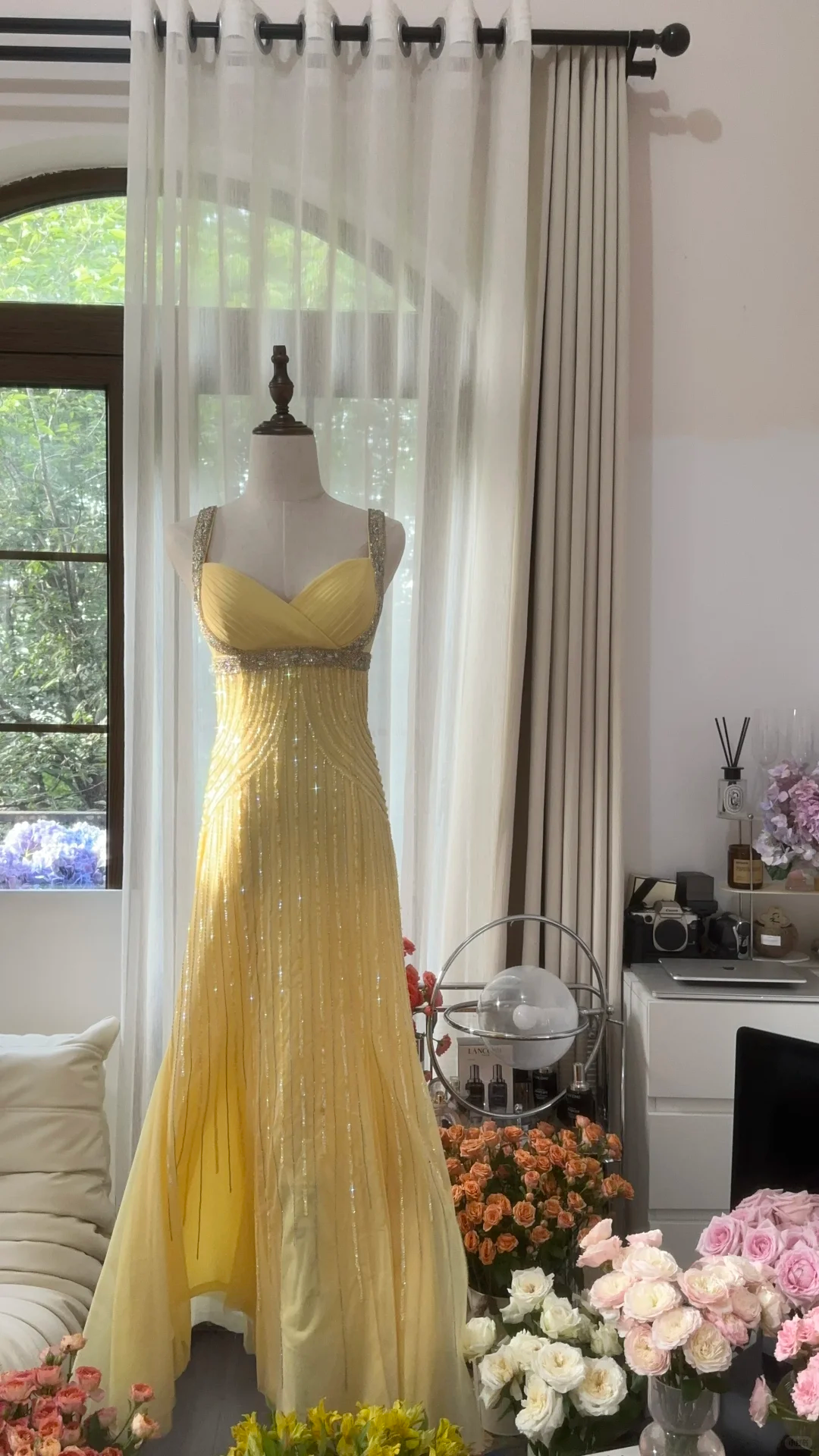 Retro Yellow Shiny Backless Design A-line Elegant Chiffon Evening Dress Prom Dress TP3997
