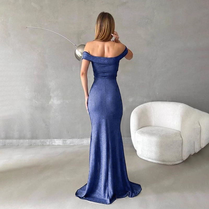 Vintage Shiny Blue Off-the-shoulder Sheath High Slit Long Prom Dress Evening Dress TP4357
