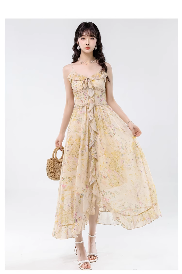 Vintage Yellow Ruffled Hem Floral Design Elegant A-line Spaghetti Strap Dress TP3360