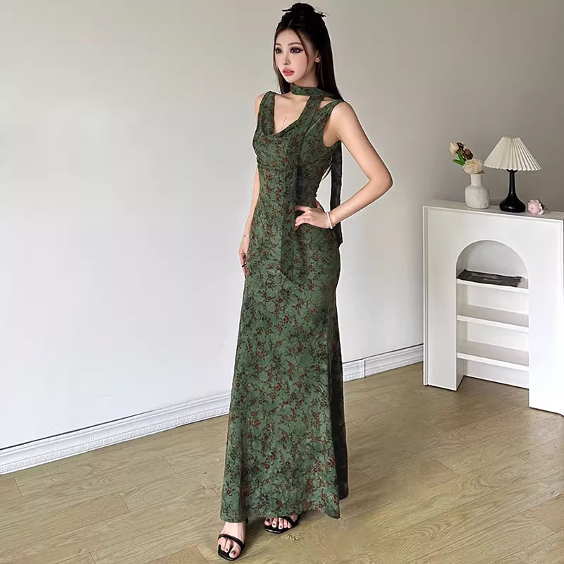 Vintage Green Floral V-neck Mermaid Summer Dresses Prom Dress Evening Dress TP4340