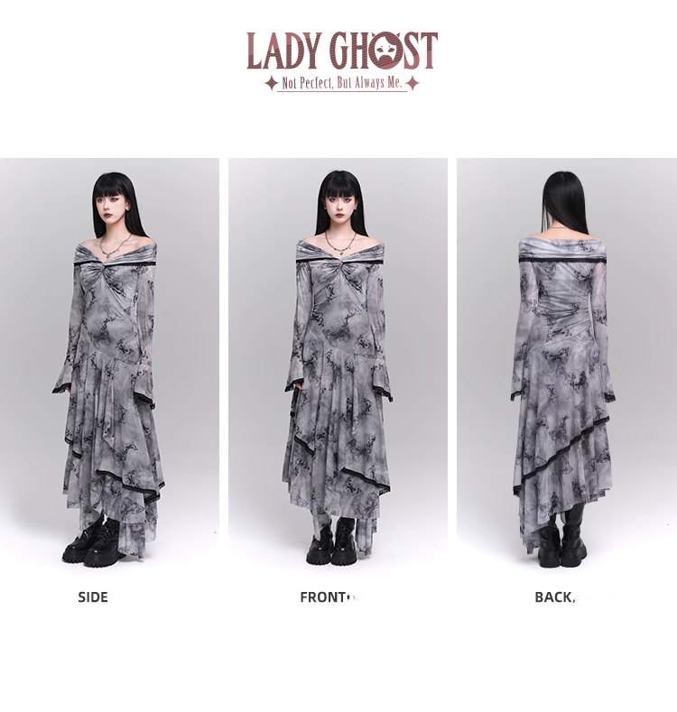 Fashion Butterfly Pattern Gothic Style Bell Sleeve Design Long-sleeved Dress TP2933