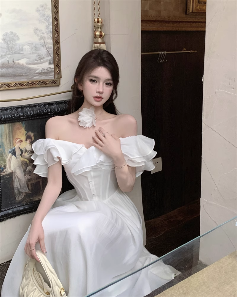 New Simple Ruffled Design White A-Line Floral Dress TP3143