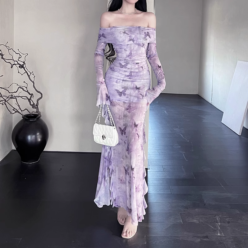 Women Elegant Mesh Butterfly Print Lavender Slim Long-sleeved Dress TP2899