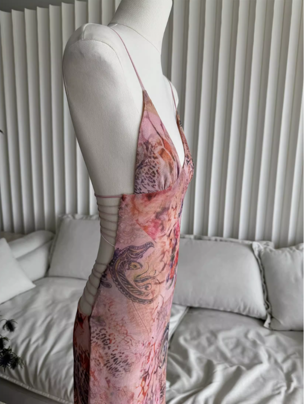 Sweet Spaghetti Strap V-neck Backless Design Floral Print A-line Women Dress TP3868