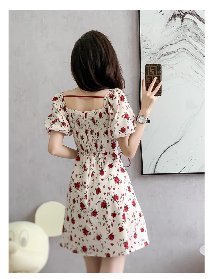 New Simple Elegant Red Floral Design Short Sleeves Women Midi Dress TP3072