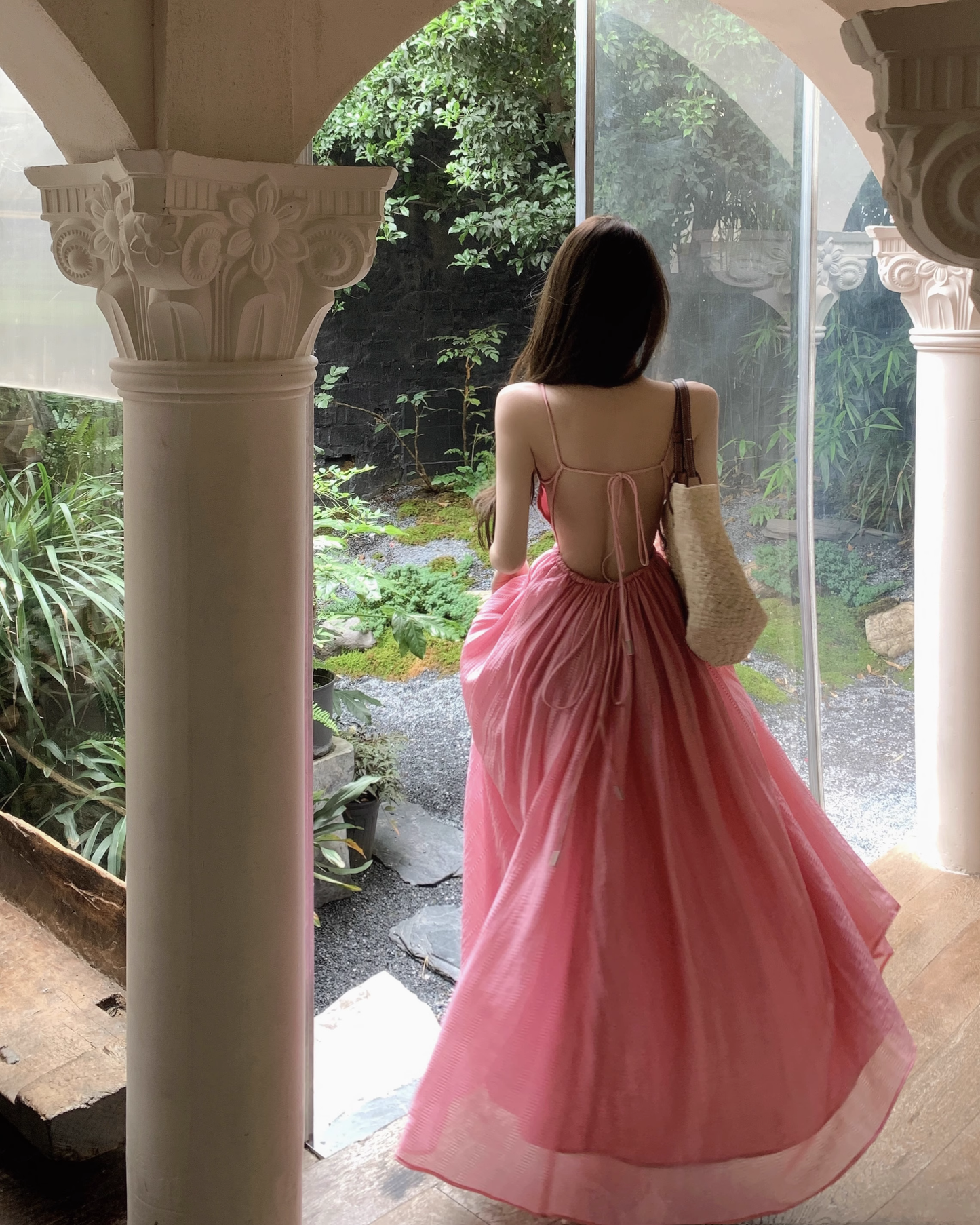 Simple Fashion Rose Pink Backless Loose-fitting Design A-line Spaghetti Strap Dress TP3424