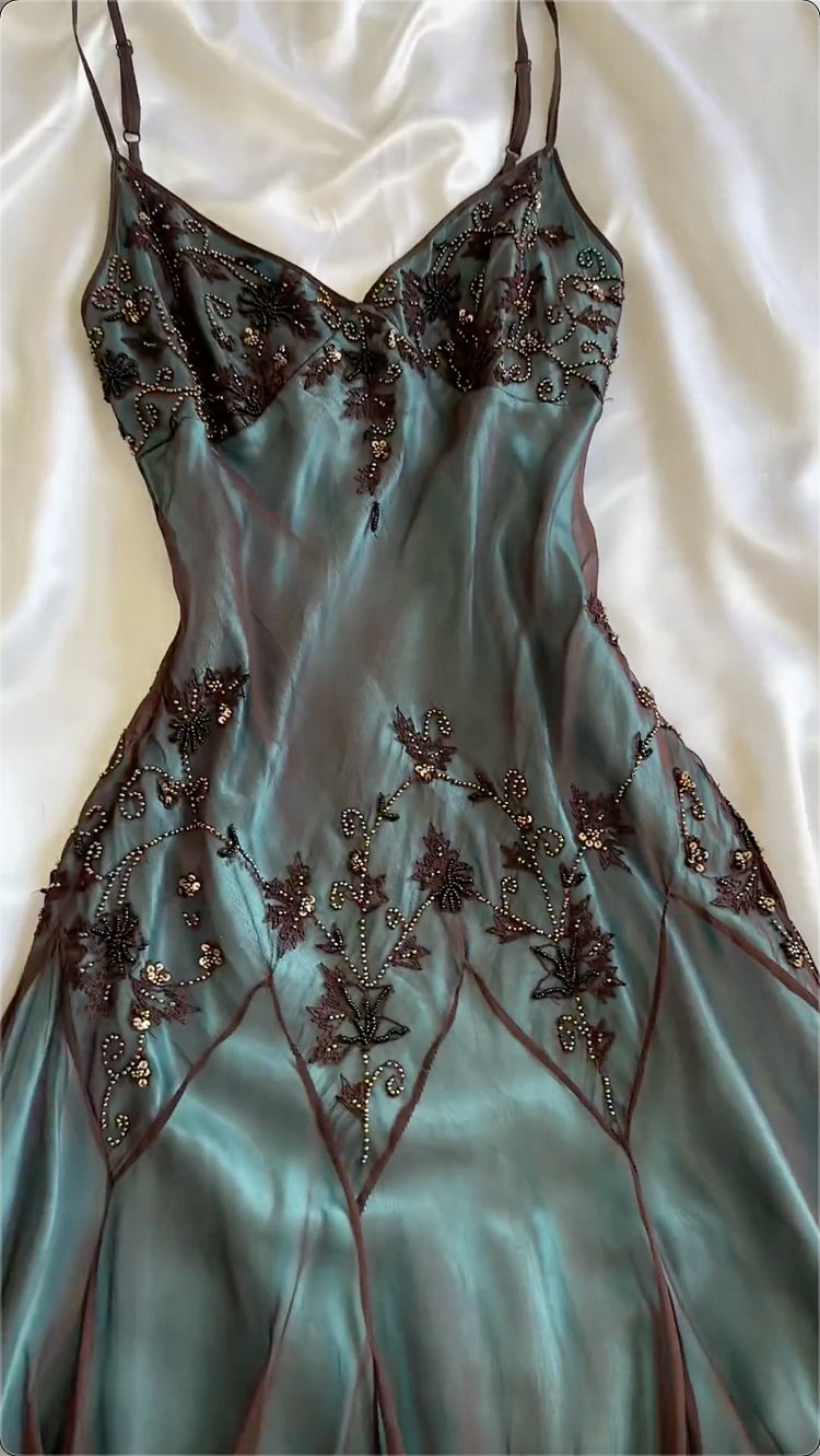 Vintage Dark Green Beaded Embroidery Prom Dress Sheath V-neck Evening Dress Formal Dress TP4685