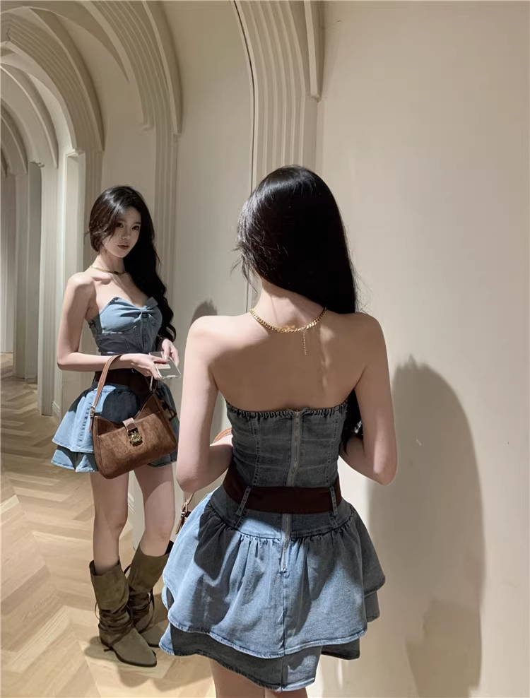 Cute Bow Design A-Line Strapless Denim Short Dress TP3161