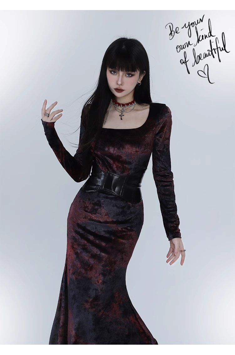 Elegant Design Sense Wine Red Velet Long-sleeved Dress TP2923