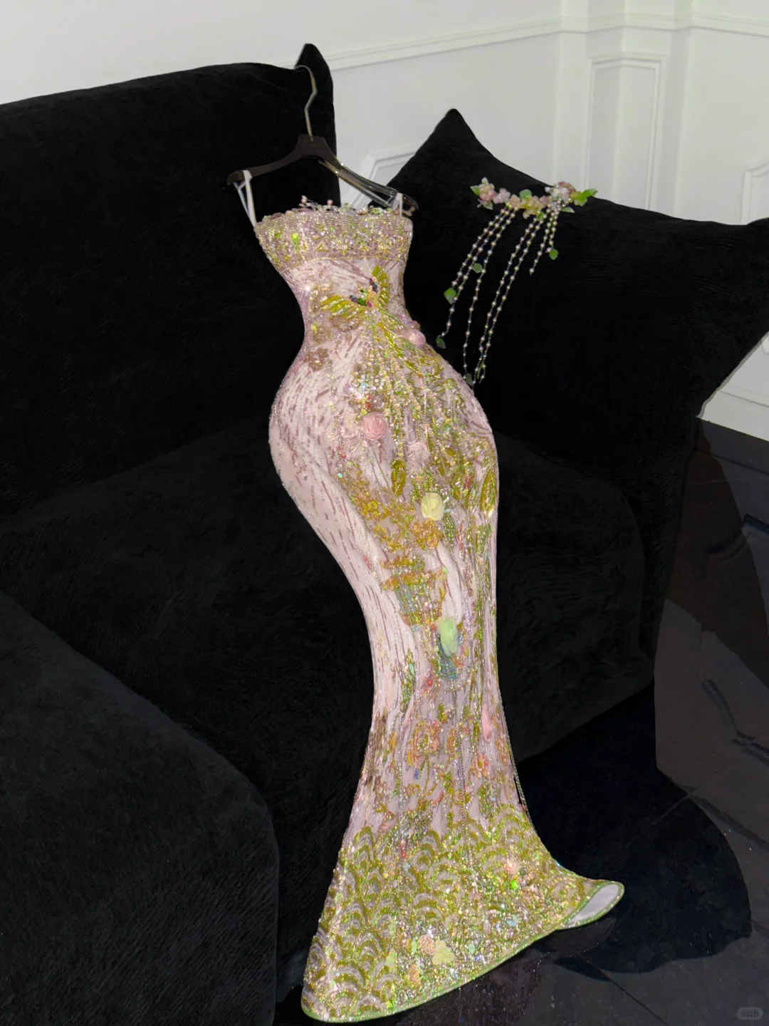 Gorgeous Sparkling Pink Beaded Applique Mermaid Design Exquisite Embroidery Evening Dress Prom Dresses TP4167