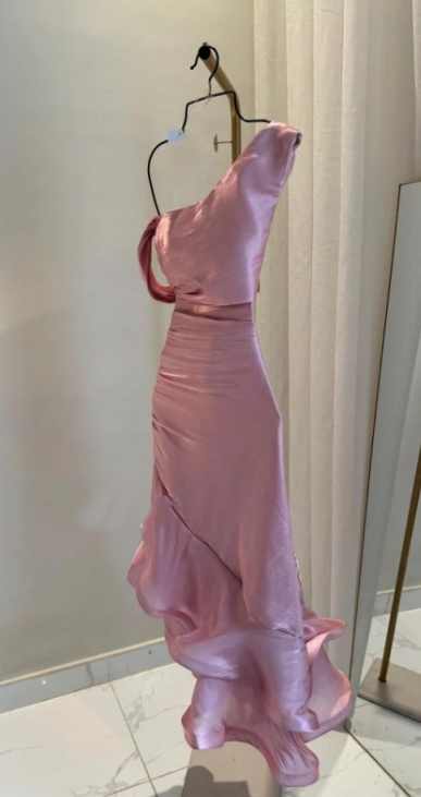 Pink Asymmetric Ruched Mermaid Evening Dress – Satin Ruffled Formal Gown TP5072