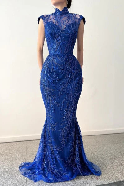 CLASSY LONG ROYAL BLUE HIGH NECK LACE SLEEVELESS EVENING PARTY GOWNS WITH DETACHABLE TRAIN TP68
