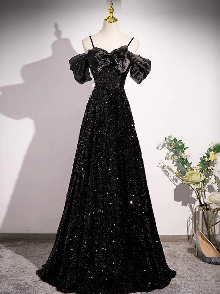 A-line Off Shoulder Velvet Sequin Long Prom Dress, Black Long Formal D TreelyPromDress A-line Off Shoulder Velvet Sequin Long Prom Dress, Black Long Formal D TreelyPromDress