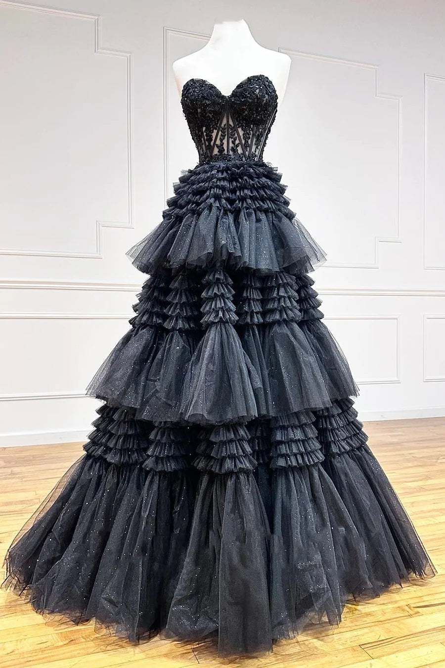 Black Tulle Sweetheart Tiered A-Line Long Prom Dress with Ruffles TP74