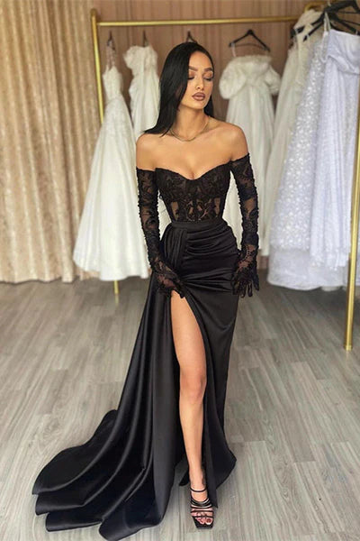 CLASSY LONG BLACK OFF-THE-SHOULDER LACE MERMAID LONG SLEEVES EVENING PARTY GOWNS LONG SLIT TP66