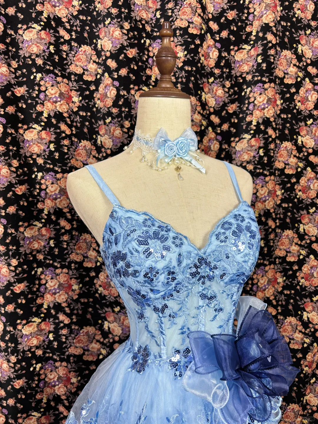 Retro Blue Floral Applique A-Line Elegant Chiffon Tiered Homecoming Dress Evening Dress Prom Dresses TP4141
