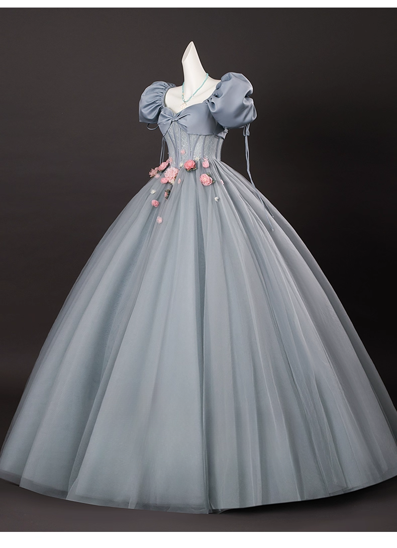 Chic Dusty Blue Sweet 16 Quinceanera 3D Flowers A-Line Puffy Sleeves Evening Dress Long Ball Gown TP4949